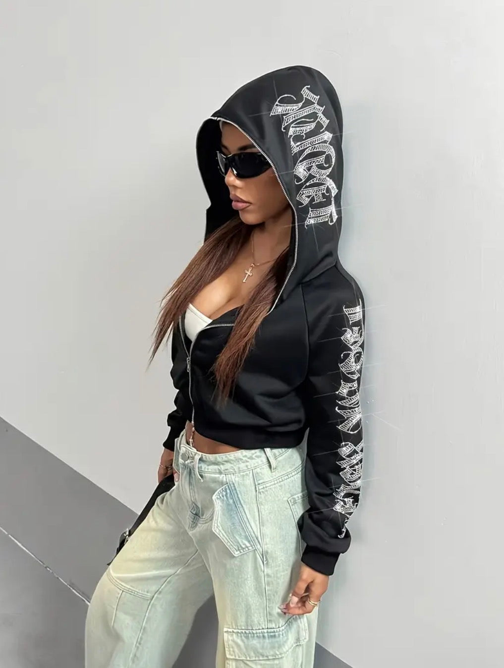 Black Rhinestone Gothic Zip-Up Cropped Hoodie