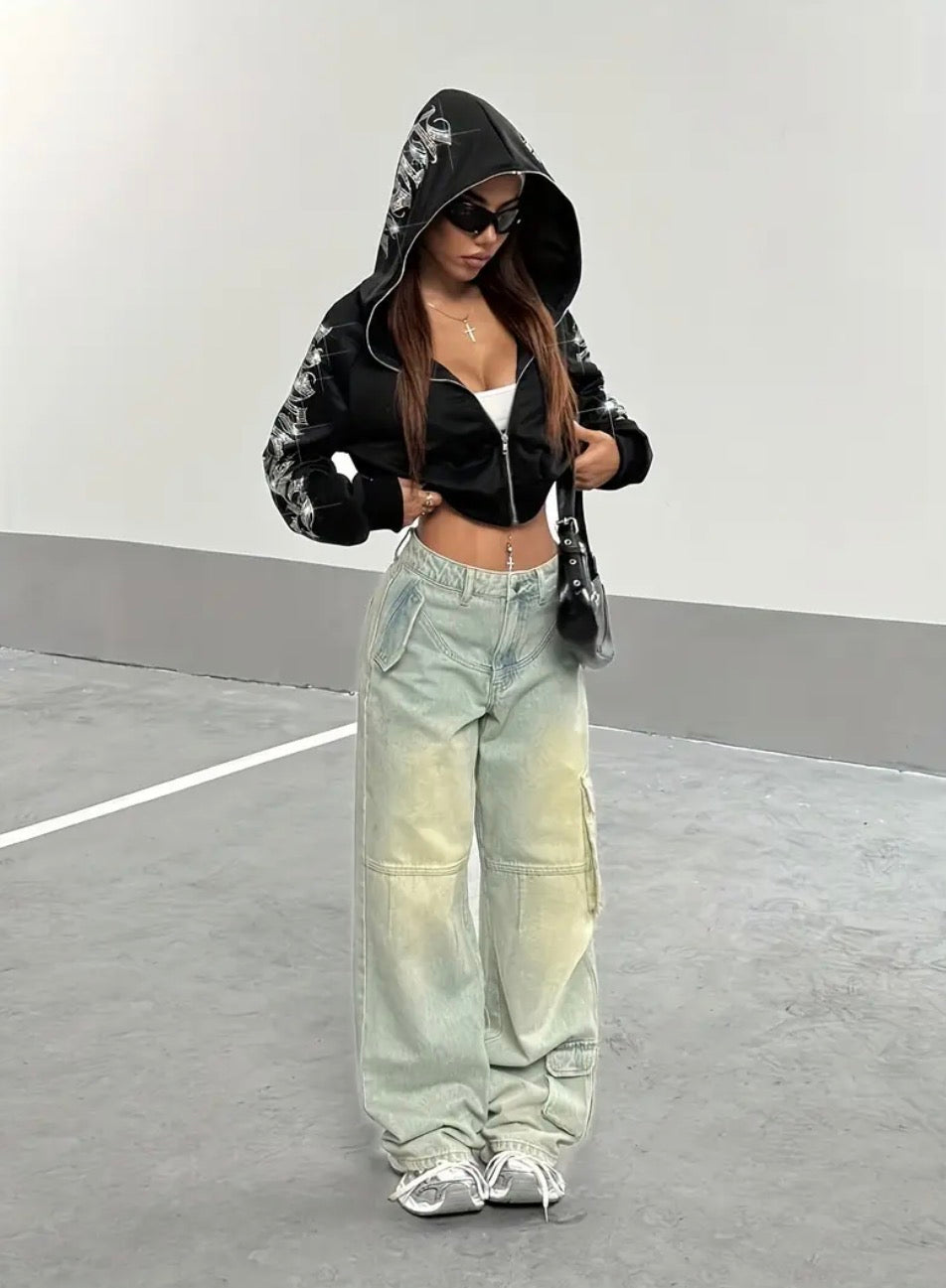 Black Rhinestone Gothic Zip-Up Cropped Hoodie