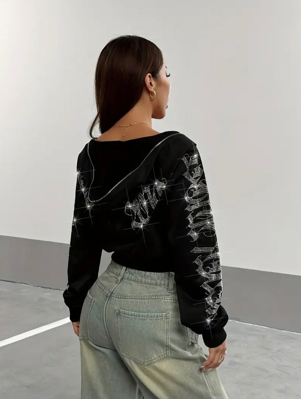Black Rhinestone Gothic Zip-Up Cropped Hoodie