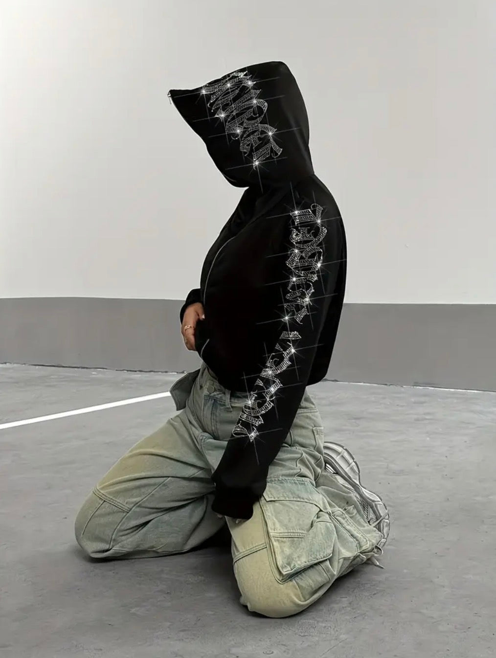 Black Rhinestone Gothic Zip-Up Cropped Hoodie