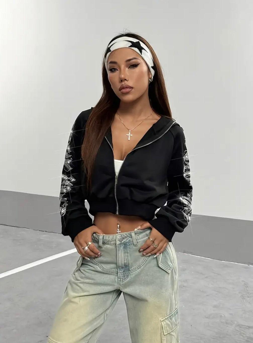 Black Rhinestone Gothic Zip-Up Cropped Hoodie