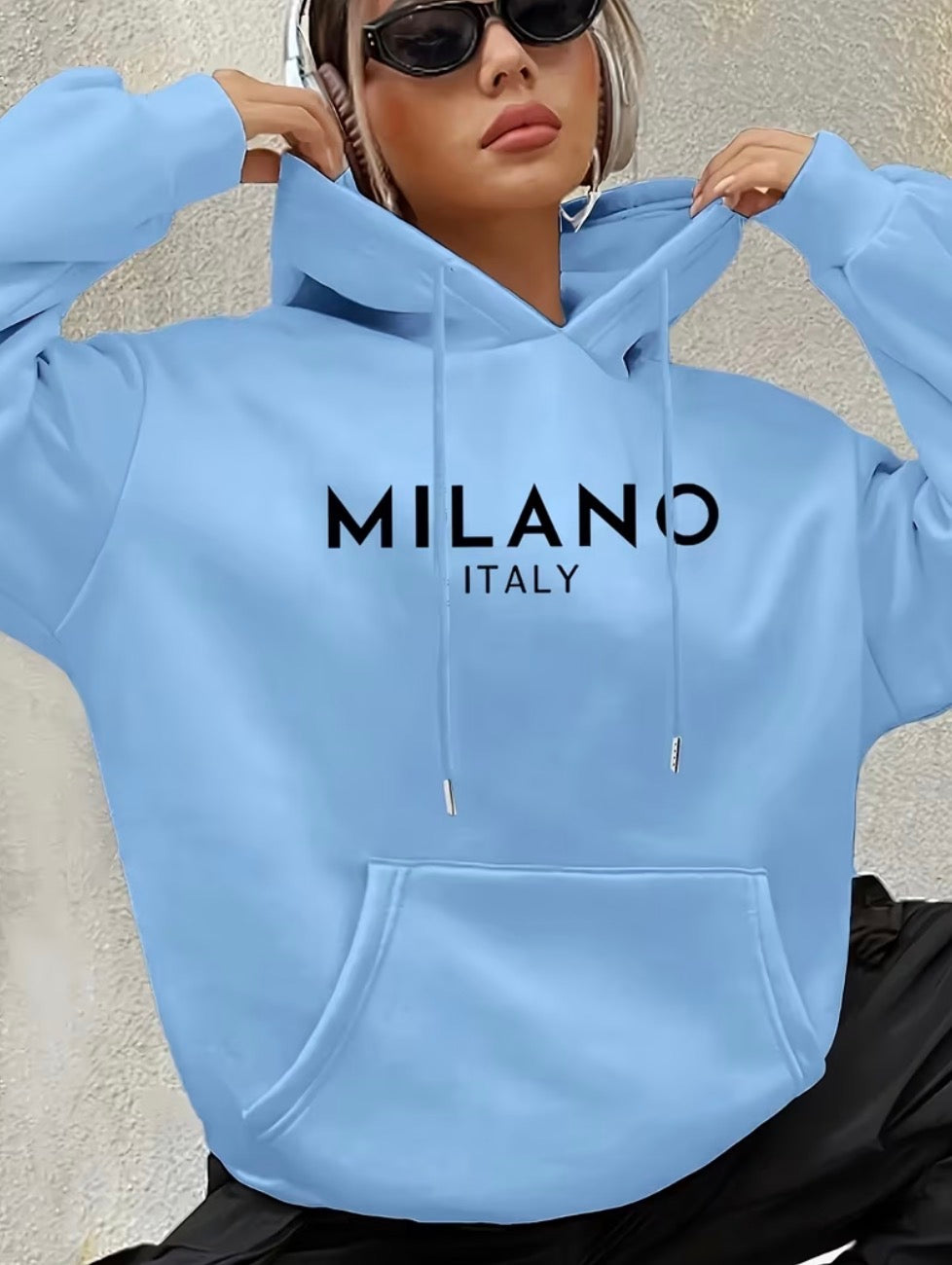 Milano Italy Hoodie Women Oversized Sky Blue Graphic Sweatshirt Casual Hooded Jumper Streetwear