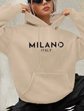 Milano Italy Hoodie Women Oversized Beige Graphic Sweatshirt Casual Hooded Jumper Streetwear