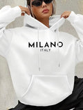 Milano Italy Hoodie Women Oversized White Graphic Sweatshirt Casual Hooded Jumper Streetwear