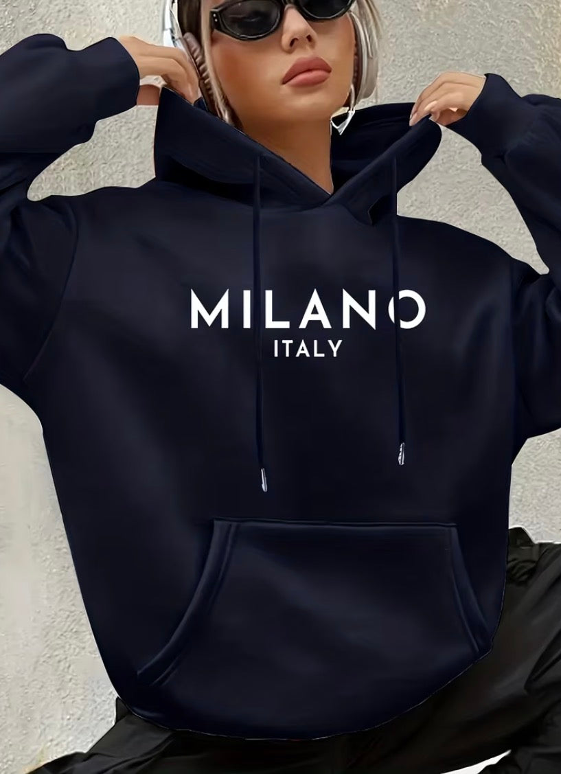 Milano Italy Hoodie Women Oversized Black Graphic Sweatshirt Casual Hooded Jumper Streetwear