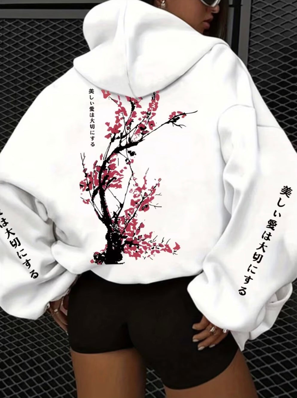 Japanese Cherry Blossom Hoodie Women Oversized White Graphic Sweatshirt Sakura Print Streetwear Pullover