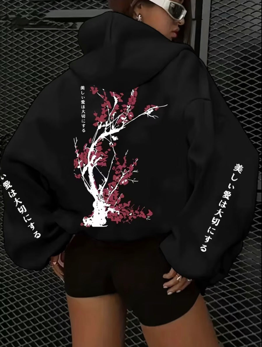 Japanese Cherry Blossom Hoodie Women Oversized Black Graphic Sweatshirt Sakura Print Streetwear Pullover