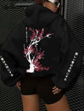 Japanese Cherry Blossom Hoodie Women Oversized Black Graphic Sweatshirt Sakura Print Streetwear Pullover