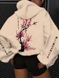 Japanese Cherry Blossom Hoodie Women Oversized Beige Graphic Sweatshirt Sakura Print Streetwear Pullover