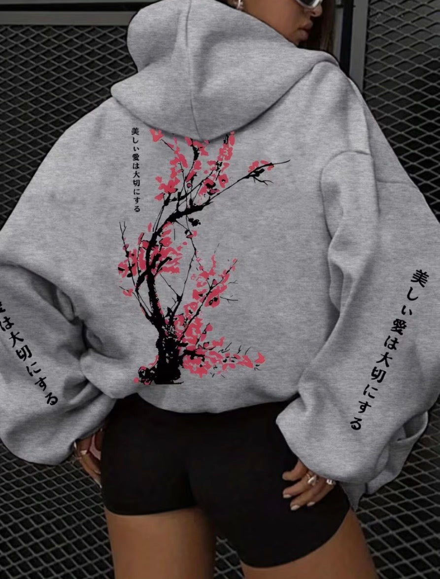 Japanese Cherry Blossom Hoodie Women Oversized Grey Graphic Sweatshirt Sakura Print Streetwear Pullover