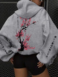 Japanese Cherry Blossom Hoodie Women Oversized Grey Graphic Sweatshirt Sakura Print Streetwear Pullover